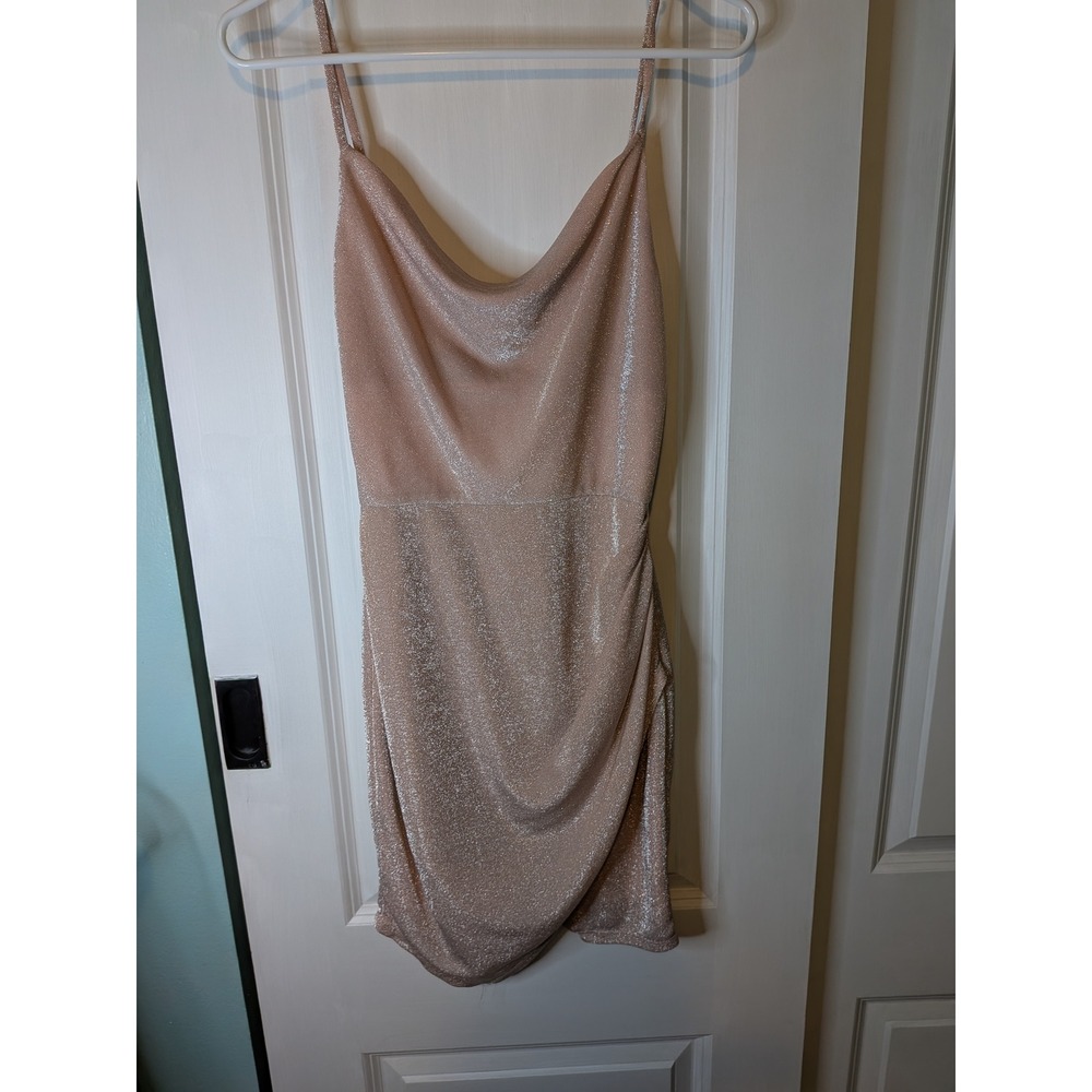 IN San Francisco Rose Gold Metallic Cowl Neck Tulip Hem Mini Dress Size 1
